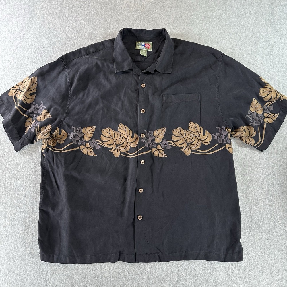 Hilo Hattie Men's Size XL Black Silk Hawaiian Shirt Short Sleeve Button Front